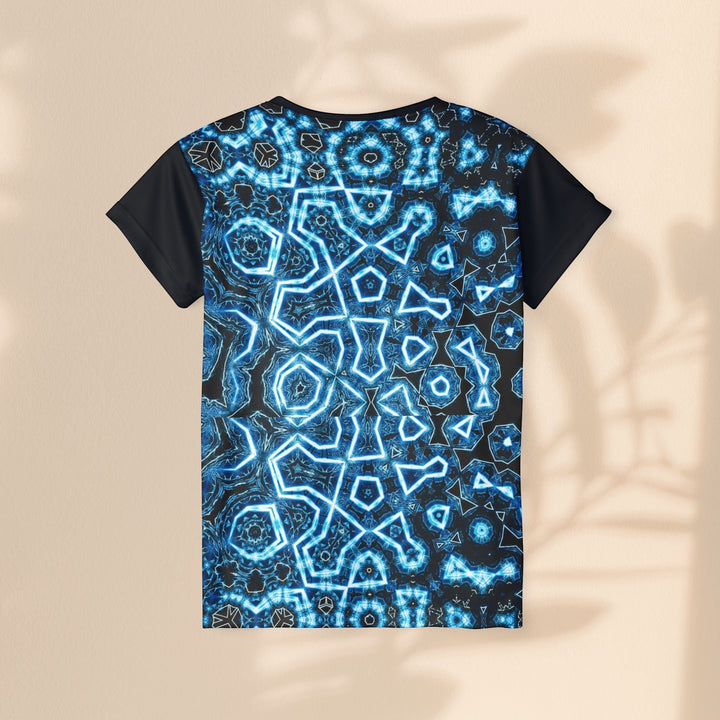 Sea Dragon Dreams women's sports jersey with a blue geometric pattern on moisture-wicking polyester, back view.