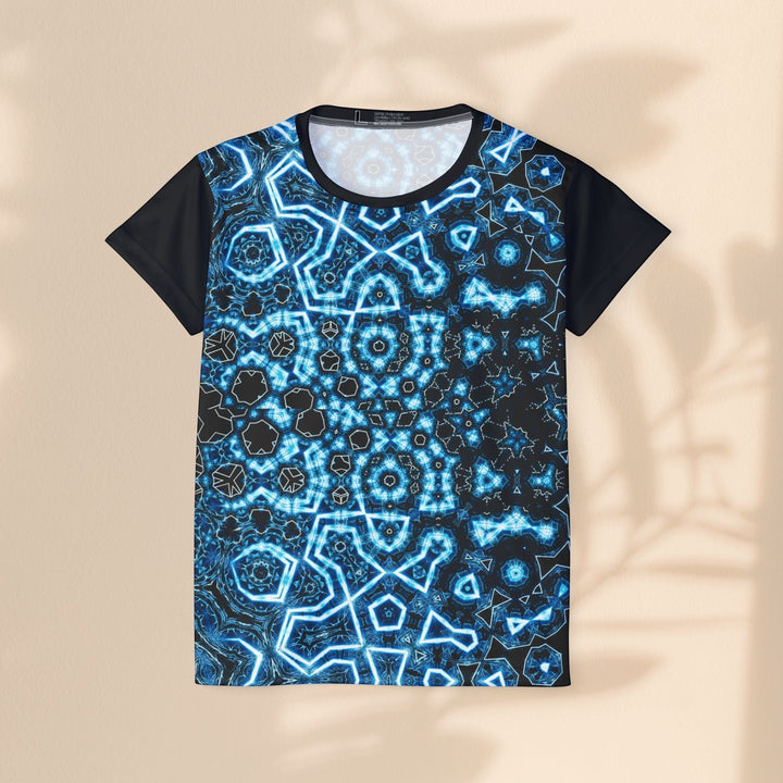 Sea Dragon Dreams women's sports jersey featuring a vibrant blue geometric pattern on moisture-wicking polyester.