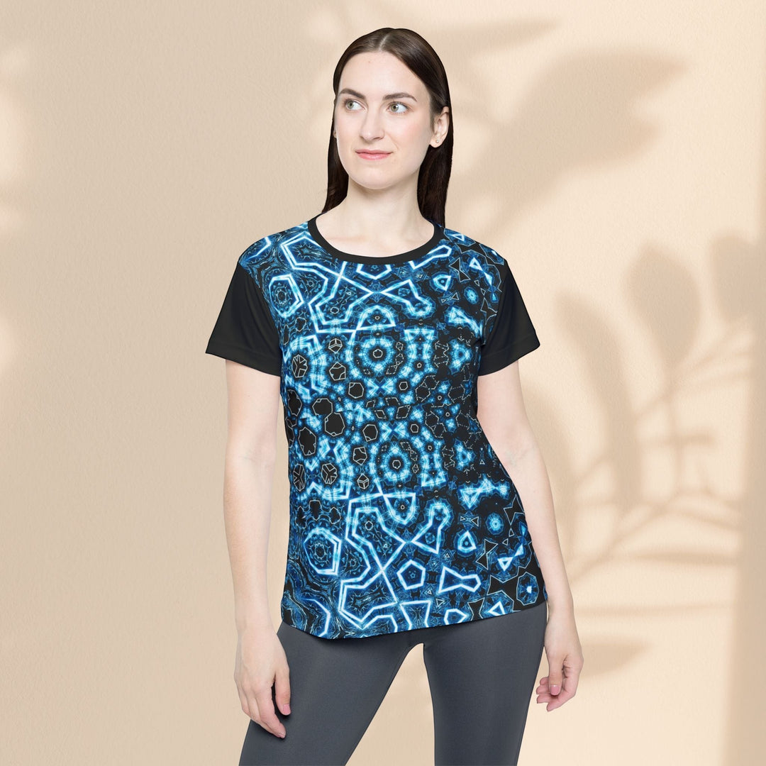 Sea Dragon Dreams women's sports jersey featuring a blue geometric pattern on moisture-wicking polyester fabric.