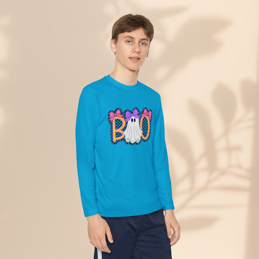Sea Dragon Dreams youth long sleeve shirt in bright blue with a festive ghost Boo Halloween graphic print