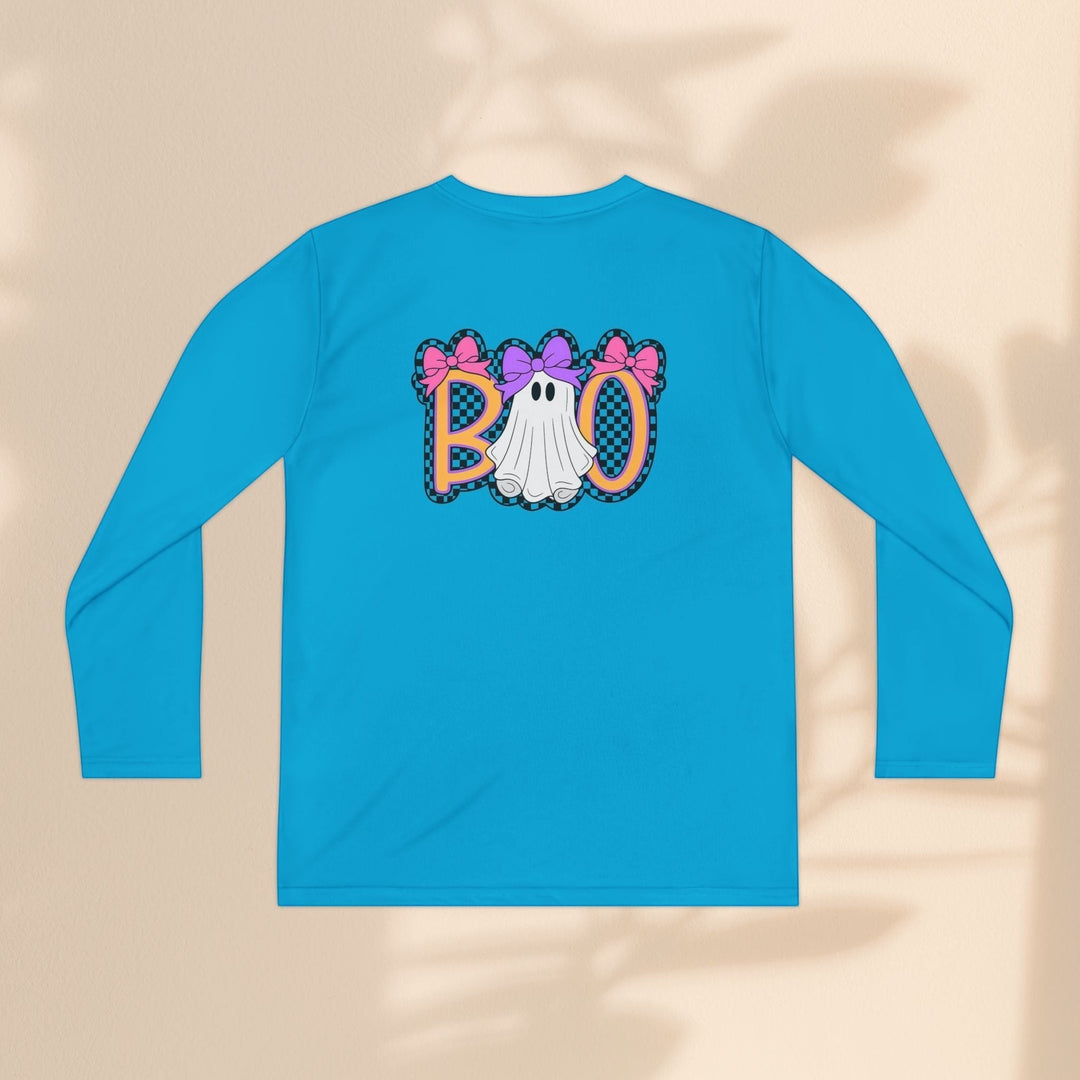 Sea Dragon Dreams kids blue long sleeve Halloween shirt with a ghost and Boo graphic print on the back
