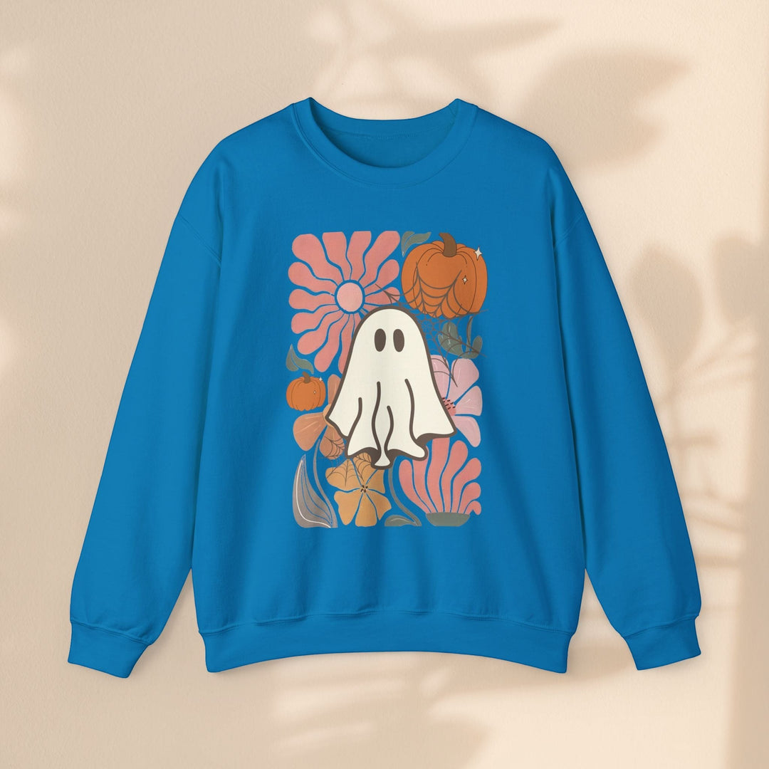 Sea Dragon Dreams blue crewneck sweatshirt featuring a retro ghost, pumpkin, and floral graphic print.