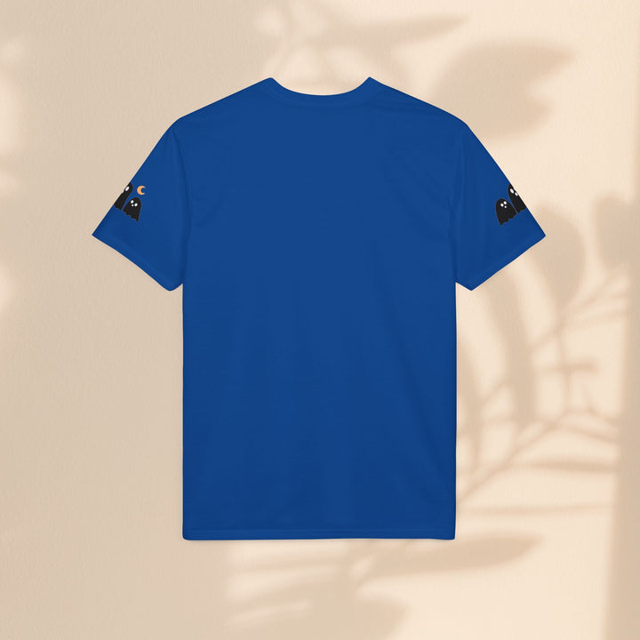 Sea Dragon Dreams blue performance t-shirt with small ghost graphics on the sleeves, back view.