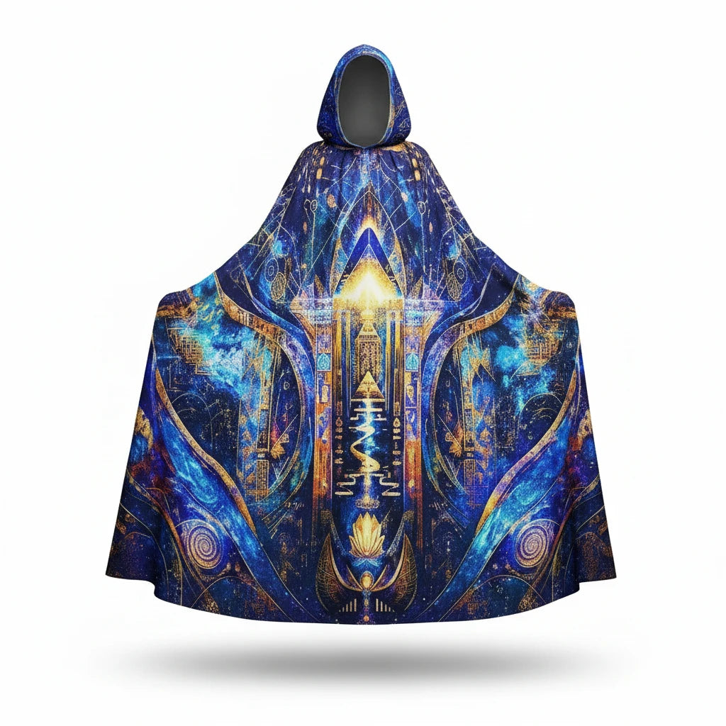 Sea Dragon Dreams unisex hooded cloak in blue and gold with spiritual artwork, featuring a black-lined hood and scuba fabric.