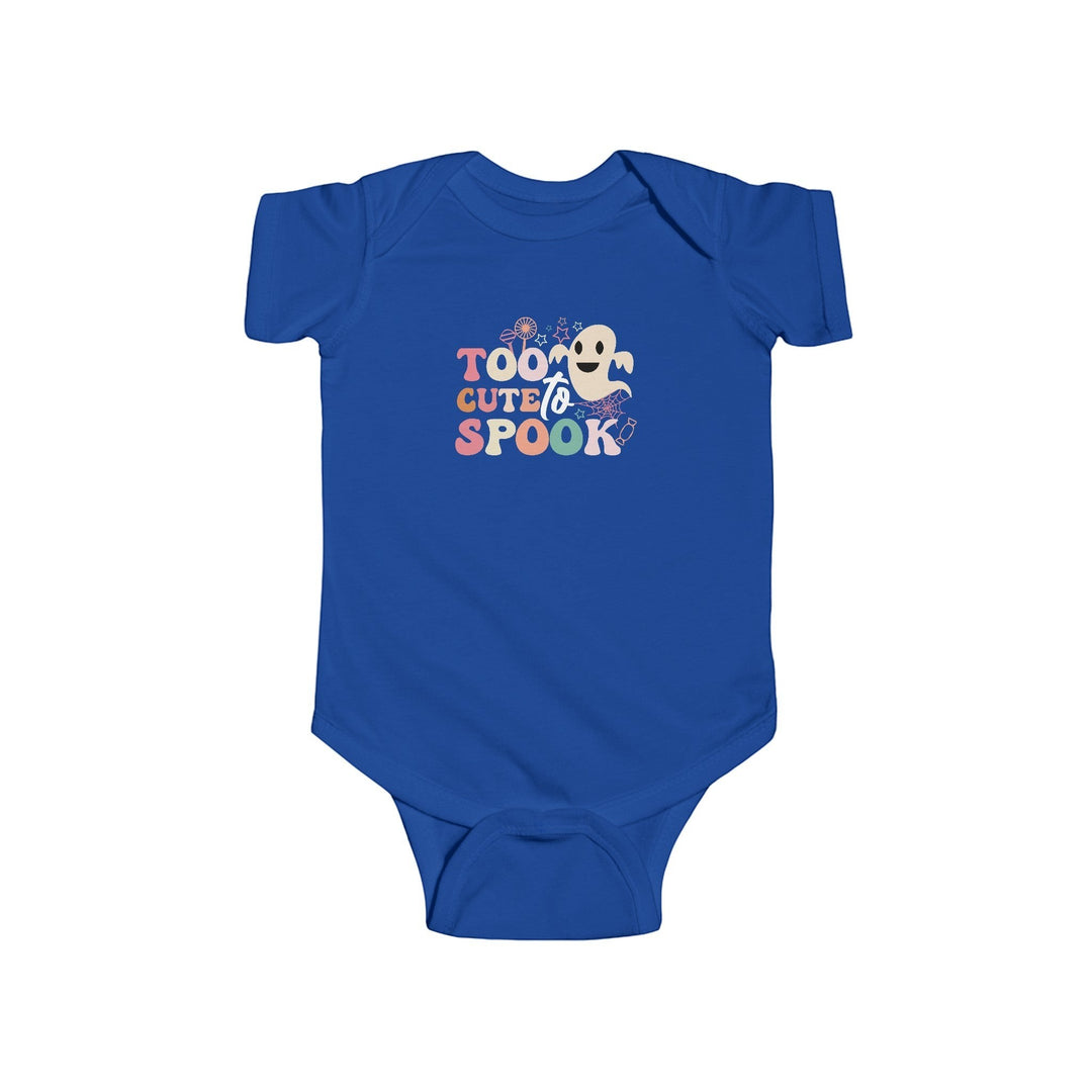 Sea Dragon Dreams infant bodysuit in blue cotton with Too Cute To Spook ghost graphic for Halloween.