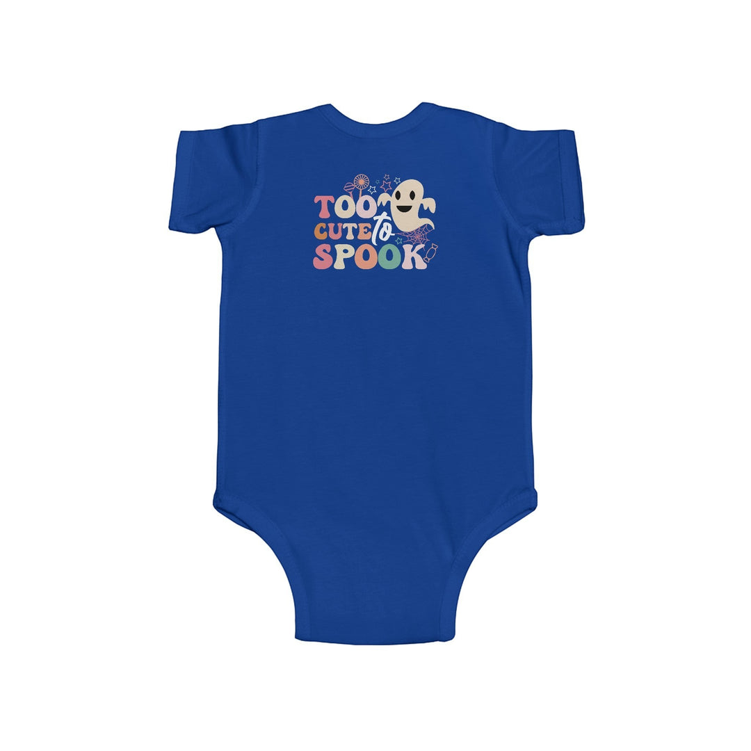 Sea Dragon Dreams blue infant bodysuit with Too Cute To Spook ghost graphic for Halloween in soft cotton jersey