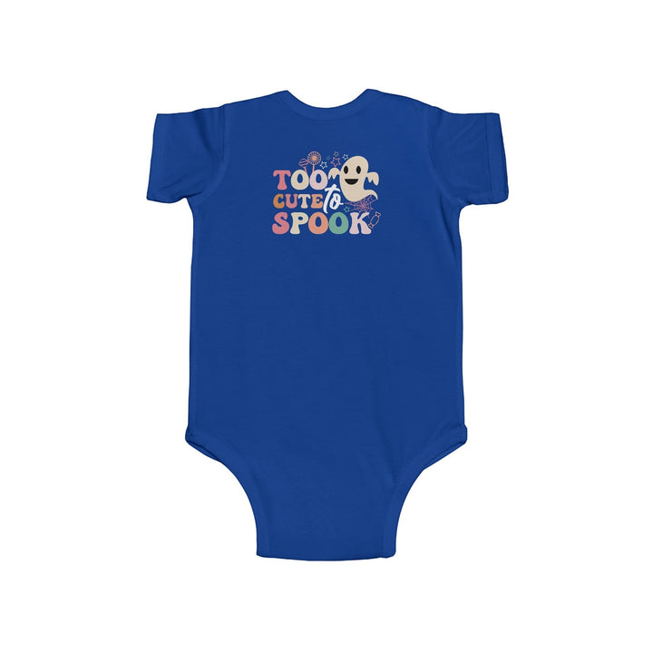 Sea Dragon Dreams blue infant bodysuit with Too Cute To Spook ghost graphic for Halloween in soft cotton jersey