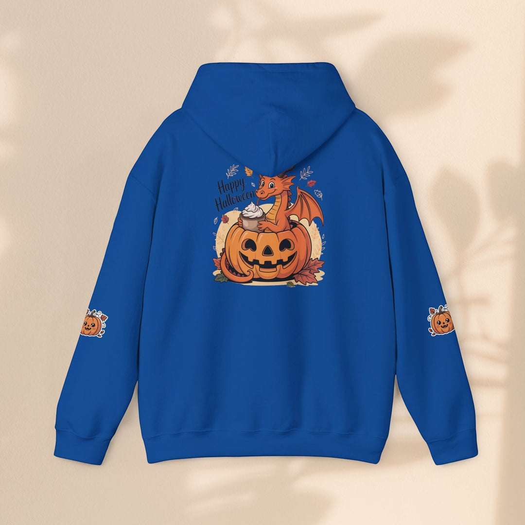 Sea Dragon Dreams blue hoodie featuring a cute dragon in a pumpkin with Happy Halloween text on the back