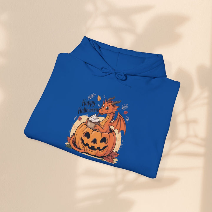 Sea Dragon Dreams blue cotton-blend hoodie featuring a cute dragon in a pumpkin graphic for Halloween.