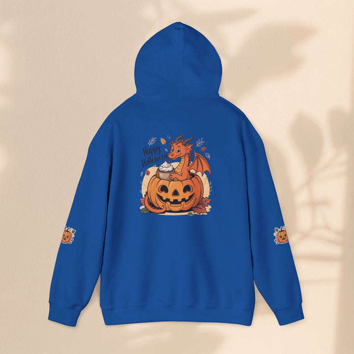 Sea Dragon Dreams blue hoodie featuring a cute dragon sitting in a jack-o-lantern with a pumpkin spice latte