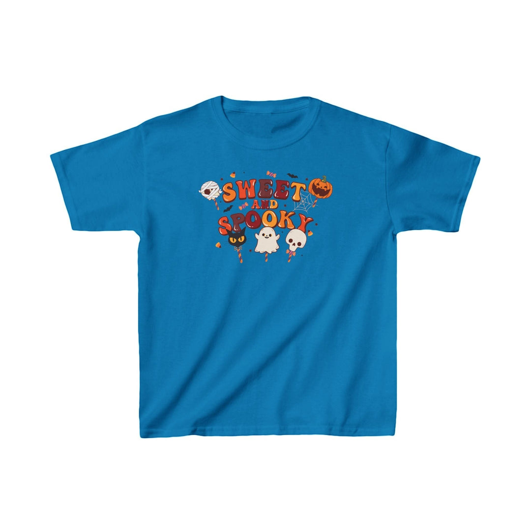 Sea Dragon Dreams blue kids t-shirt with Sweet and Spooky Halloween graphic featuring ghosts and pumpkins