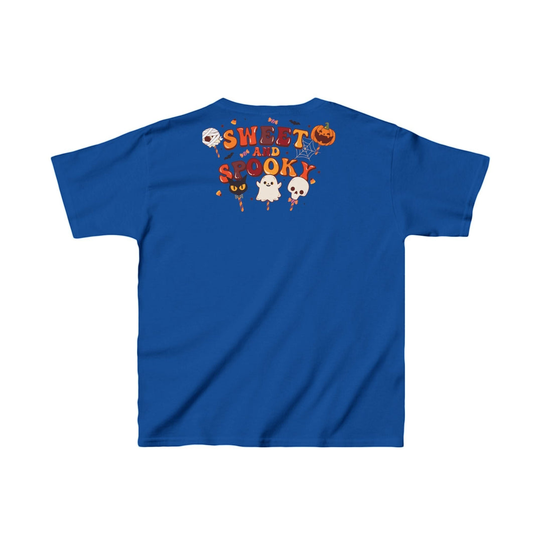 Sea Dragon Dreams blue kids cotton t-shirt featuring a Sweet and Spooky Halloween graphic on the back