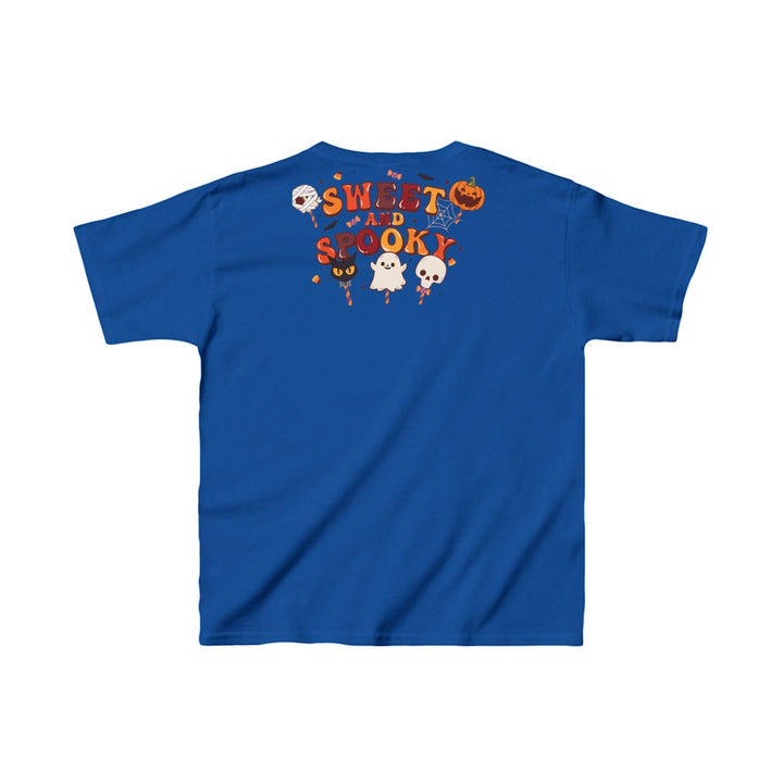 Sea Dragon Dreams blue kids cotton t-shirt featuring a Sweet and Spooky Halloween graphic on the back
