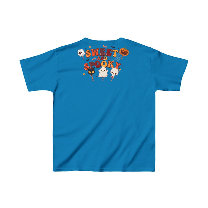 Sea Dragon Dreams blue kids t-shirt featuring a Sweet and Spooky Halloween graphic with ghosts and pumpkins