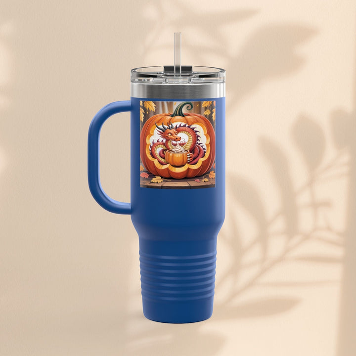 Sea Dragon Dreams 40oz blue stainless steel insulated travel mug with a dragon and pumpkin Halloween graphic design.