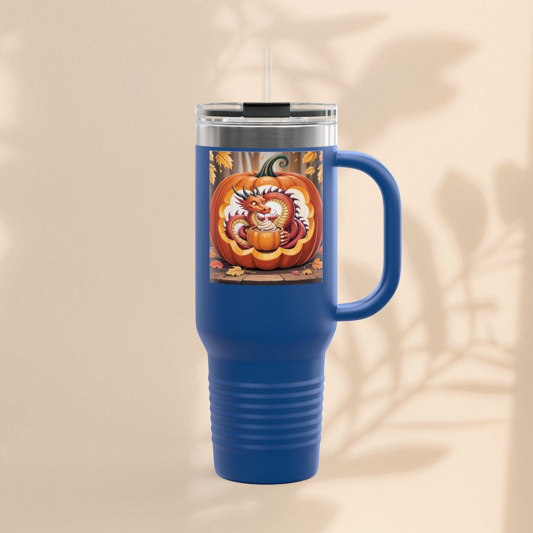 Sea Dragon Dreams 40oz blue stainless steel insulated travel mug with a dragon and pumpkin Halloween graphic design.