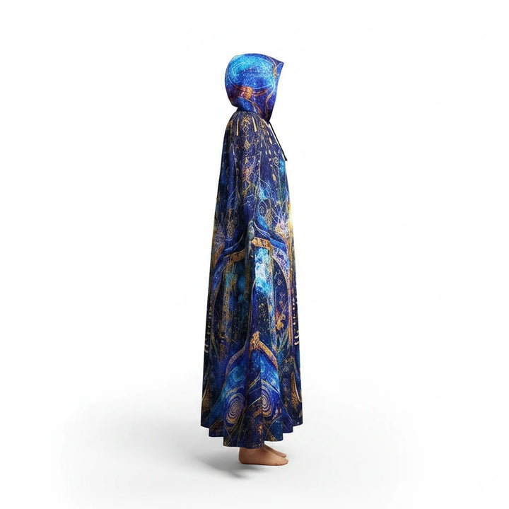 Sea Dragon Dreams unisex hooded cloak in blue scuba fabric with radiant spiritual artwork and black hood lining