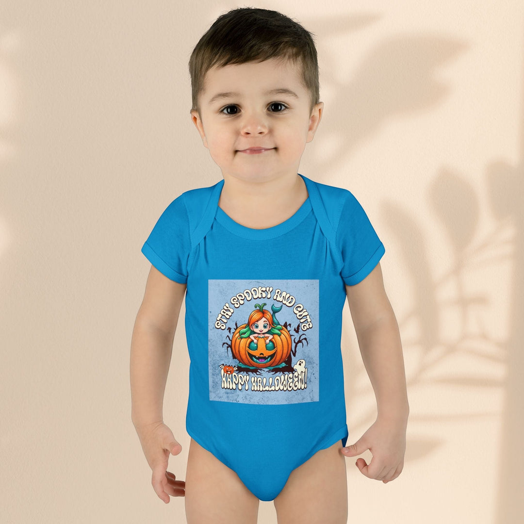 Sea Dragon Dreams infant bodysuit in blue with a Stay Spooky and Cute pumpkin graphic for Halloween.