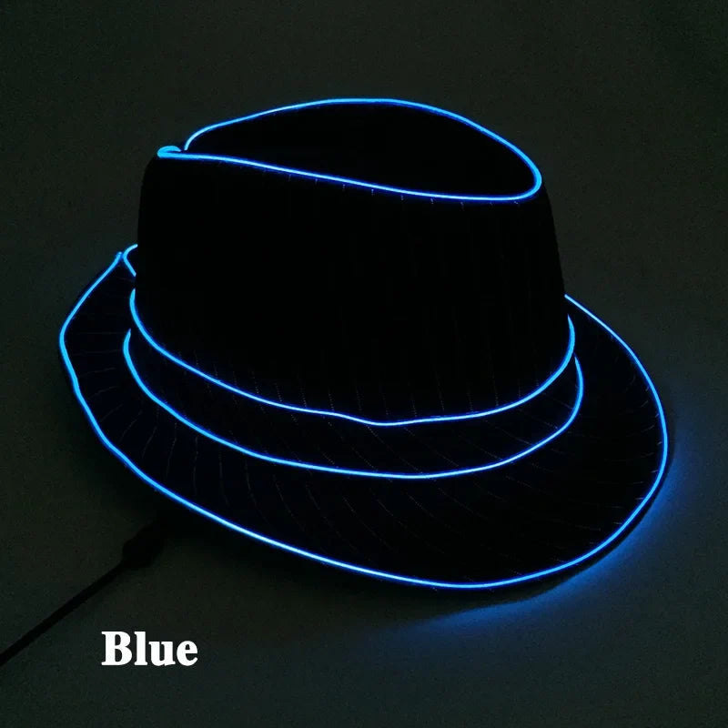 Sea Dragon Dreams black fedora hat with glowing blue LED light trim for parties and festivals