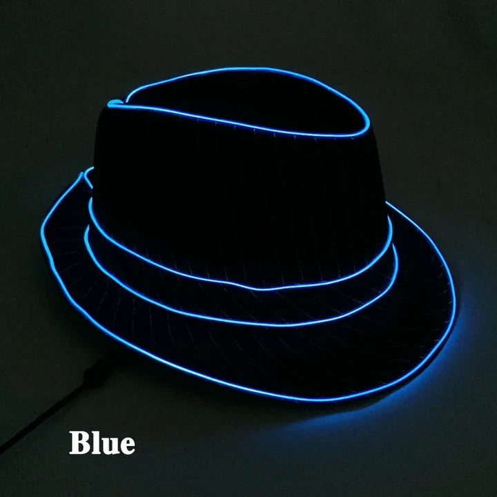 Sea Dragon Dreams black fedora hat with glowing blue LED light trim for parties and festivals
