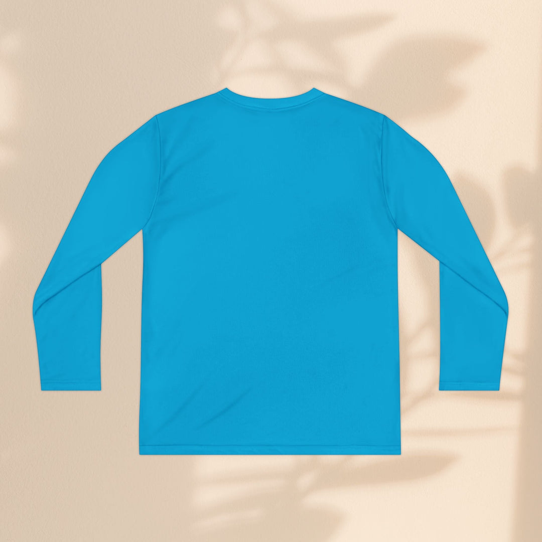 Sea Dragon Dreams blue long sleeve moisture-wicking polyester youth athletic tee, back view.