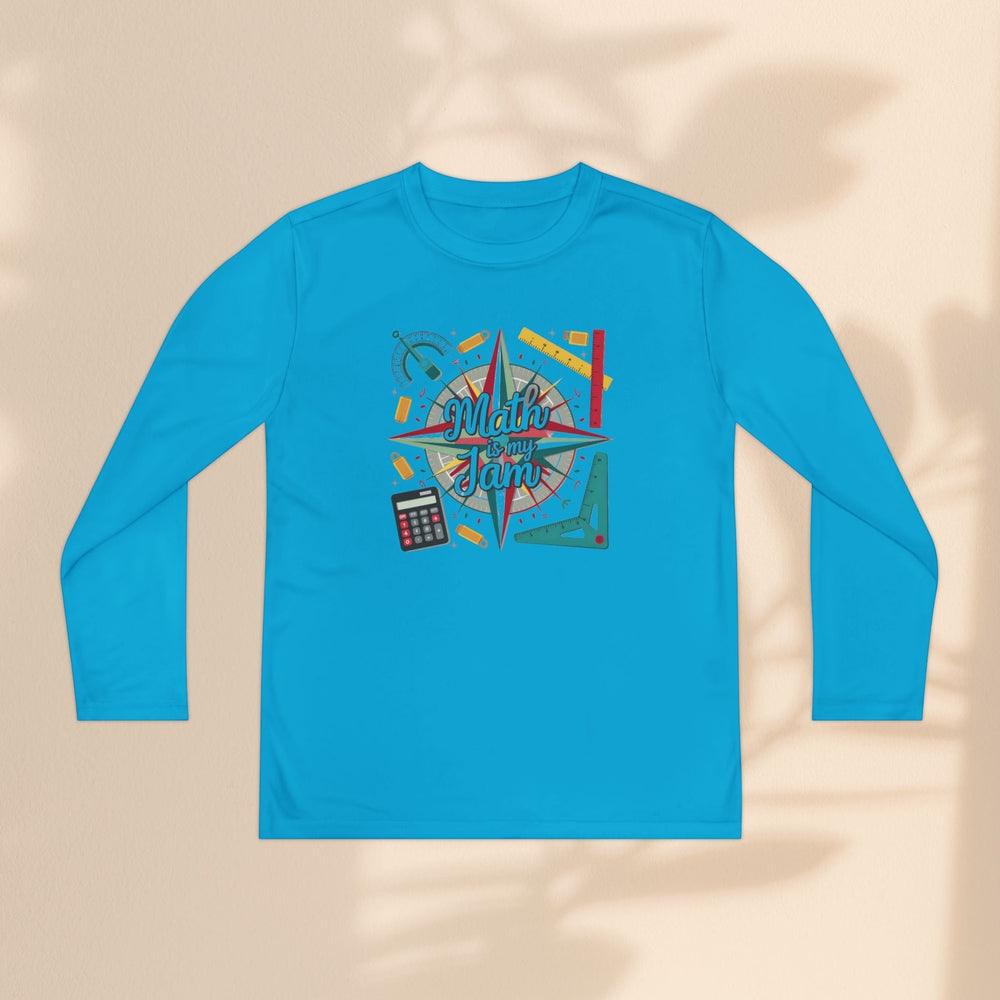 Sea Dragon Dreams youth long sleeve blue polyester athletic tee with Math Is My Jam graphic and math tool print