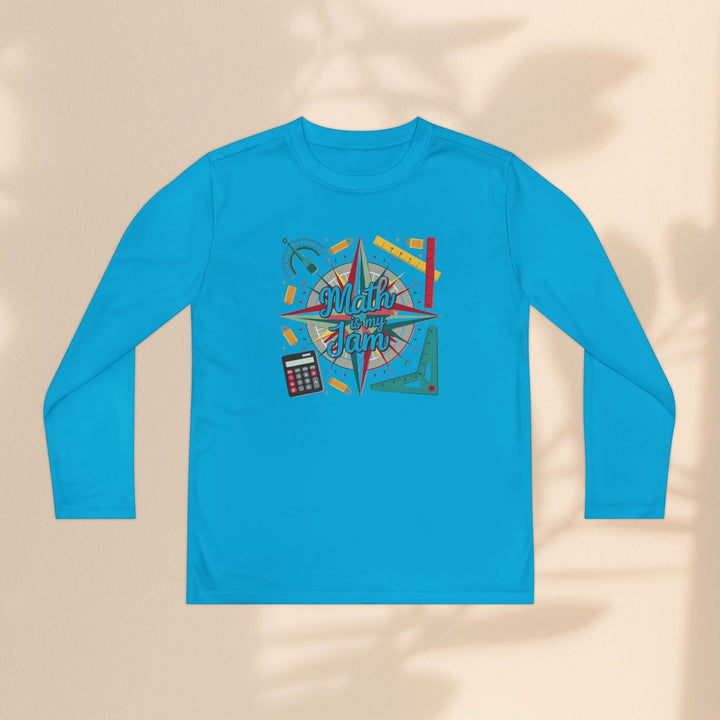 Sea Dragon Dreams youth long sleeve blue polyester athletic tee with Math Is My Jam graphic and math tool print
