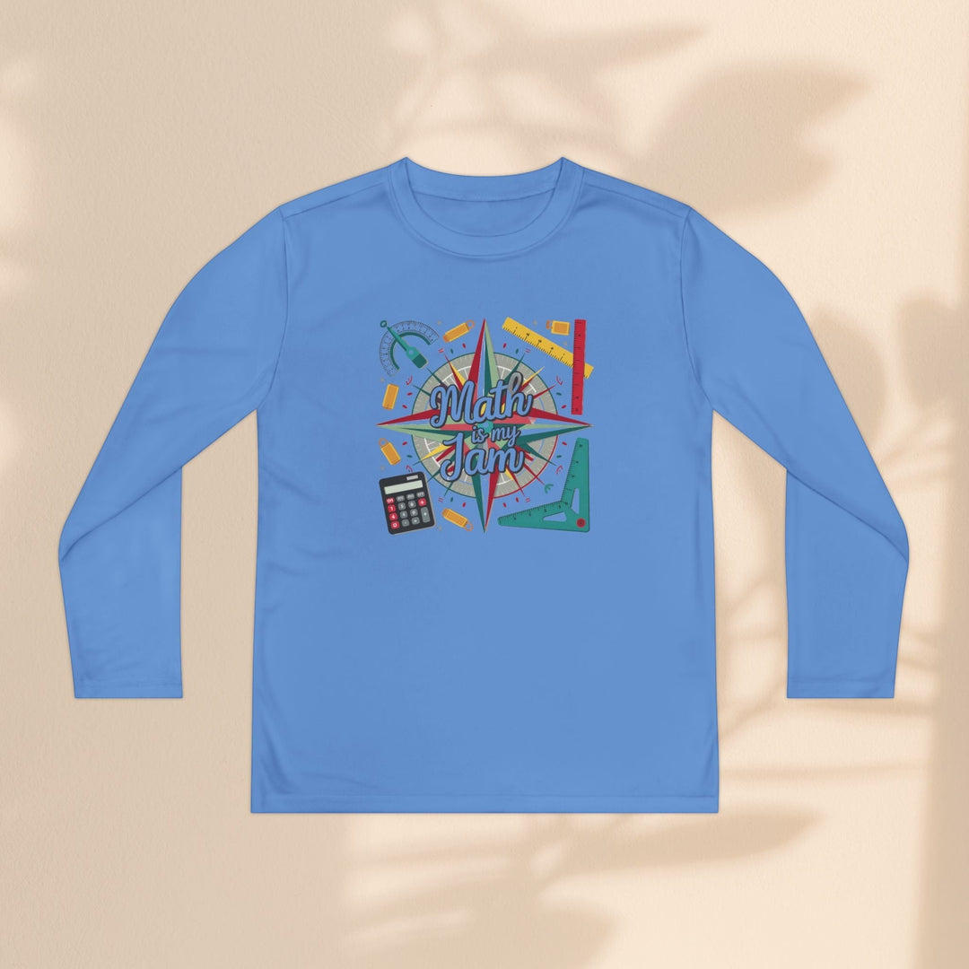 Sea Dragon Dreams youth long sleeve blue polyester athletic tee with Math Is My Jam graphic and math tool icons
