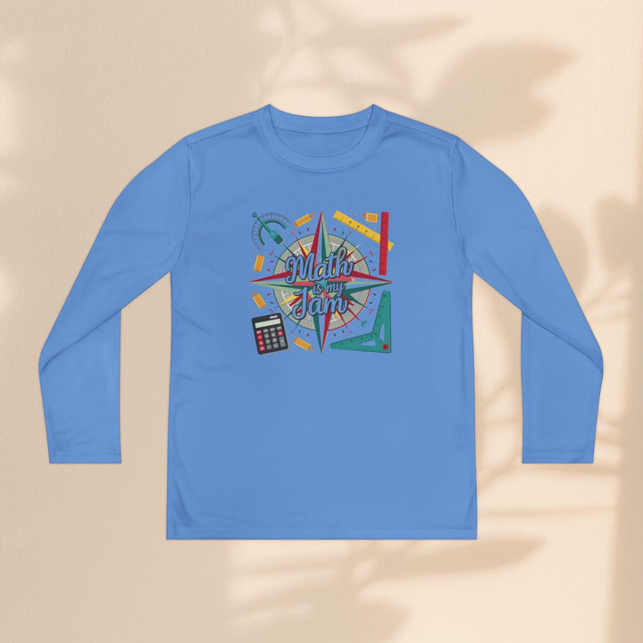 Sea Dragon Dreams youth long sleeve blue polyester athletic tee with Math Is My Jam graphic and math tool icons