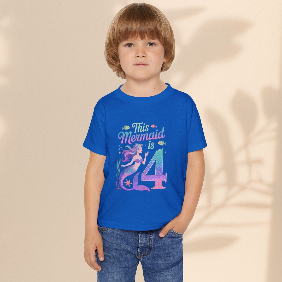 Sea Dragon Dreams toddler t-shirt in blue with This Mermaid Is 4 graphic for a fourth birthday celebration