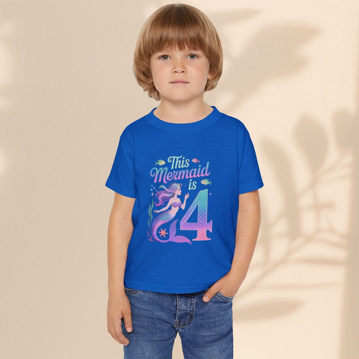 Sea Dragon Dreams toddler t-shirt in blue with This Mermaid Is 4 graphic for a fourth birthday celebration
