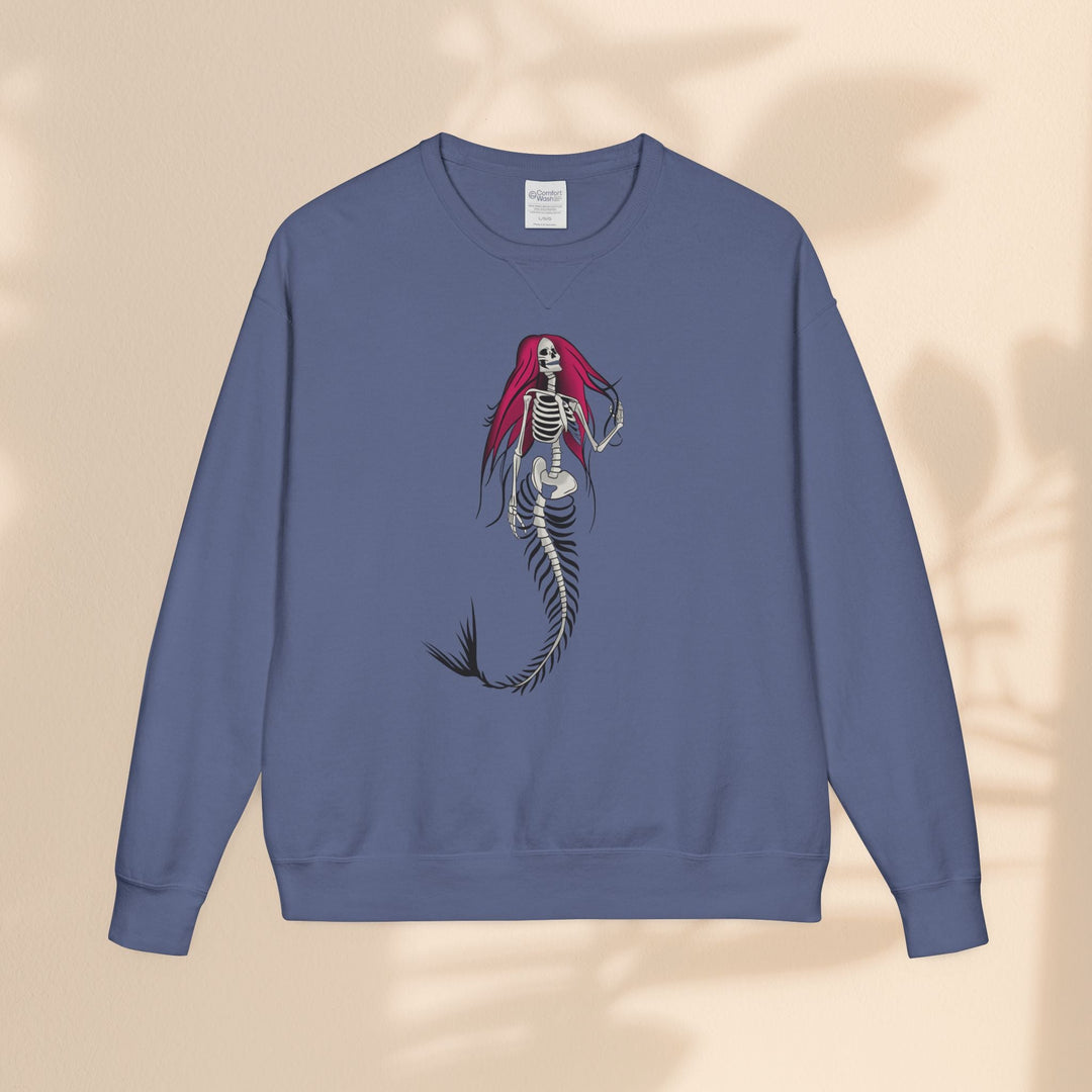 Sea Dragon Dreams crewneck sweatshirt in muted blue with a gothic skeletal mermaid graphic featuring vibrant red hair.