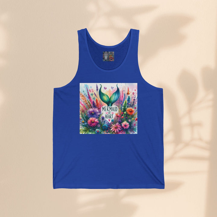 Sea Dragon Dreams blue unisex jersey tank top featuring a colorful floral mermaid tail graphic and text print.