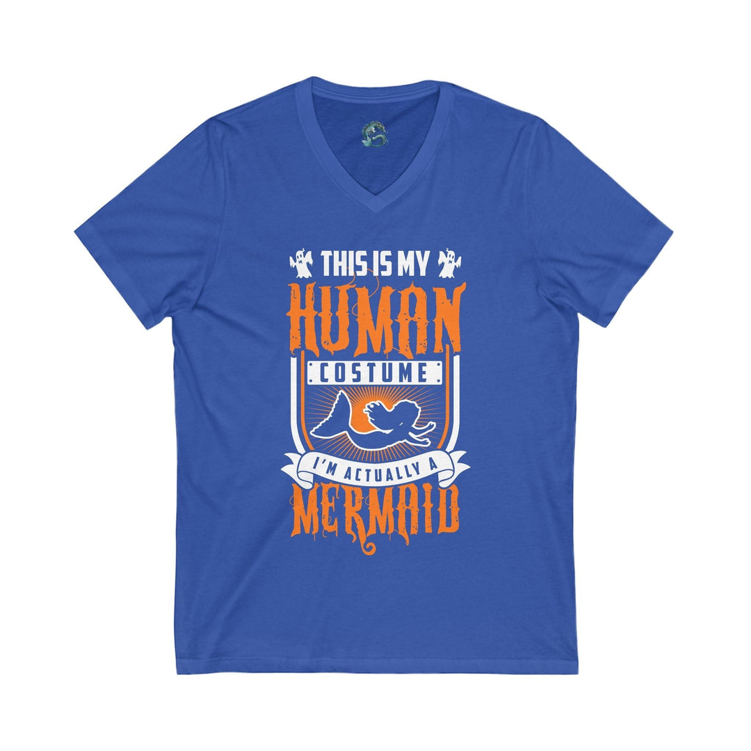 Sea Dragon Dreams blue unisex V-neck tee with a white and orange Human Mermaid graphic for beach and summer wear.