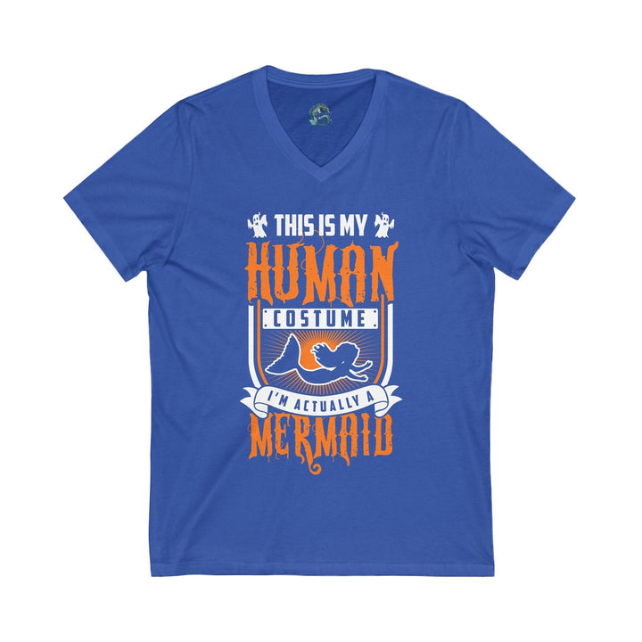 Sea Dragon Dreams blue unisex V-neck tee with a white and orange Human Mermaid graphic for beach and summer wear.