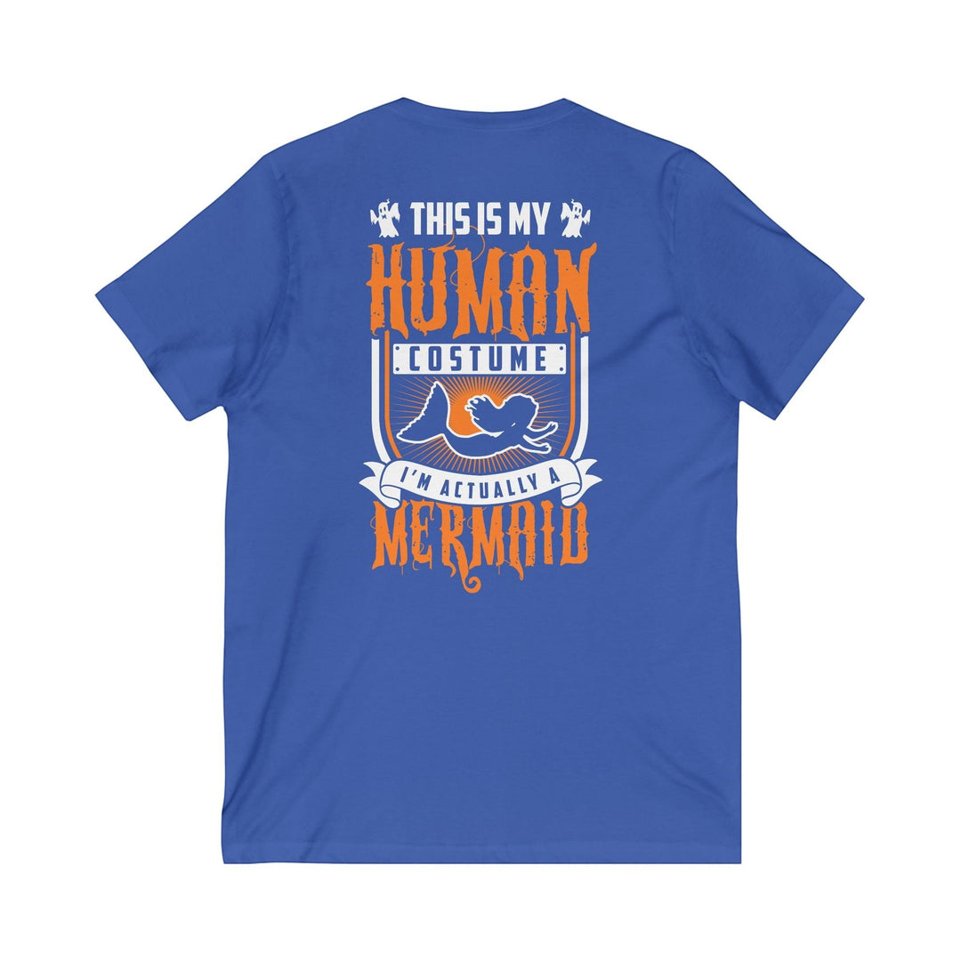 Sea Dragon Dreams blue unisex V-neck t-shirt featuring a white and orange Human Mermaid graphic on the back