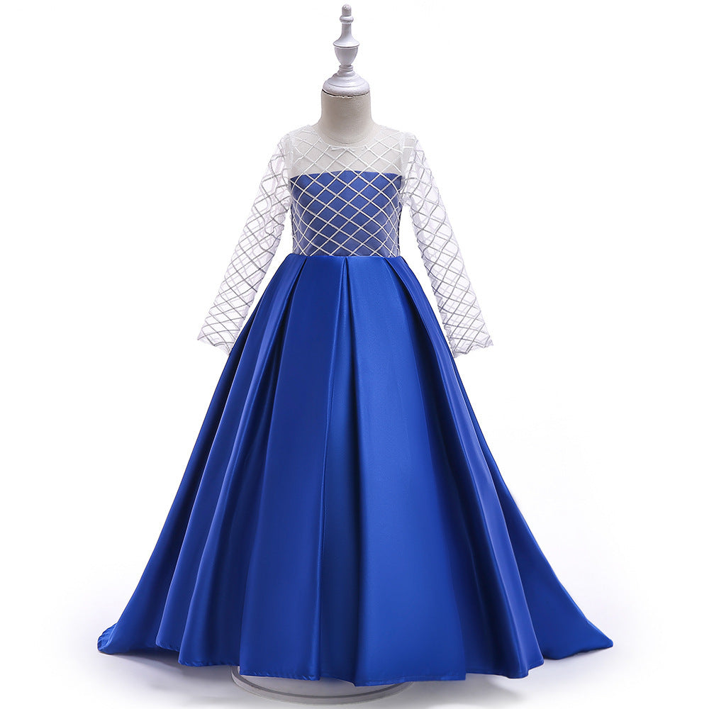 Sea Dragon Dreams girls' royal blue princess dress with long mesh sleeves and a flowing floor-length skirt.