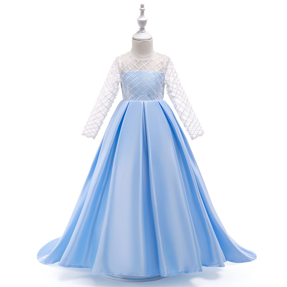 Sea Dragon Dreams girls' light blue princess dress with long white mesh sleeves and a flowing floor-length skirt.