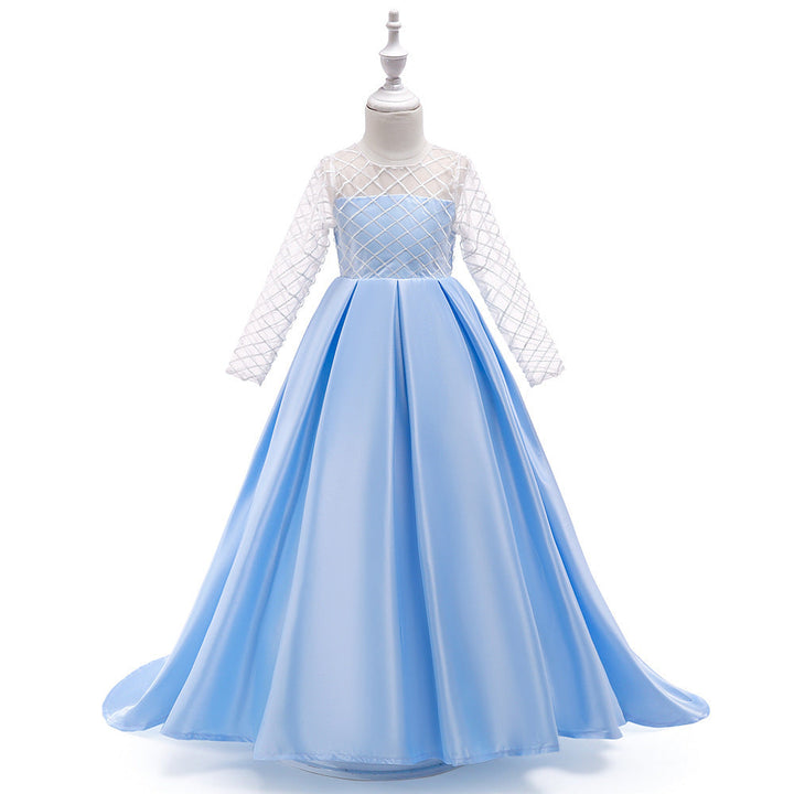 Sea Dragon Dreams girls' light blue princess dress with long white mesh sleeves and a flowing floor-length skirt.