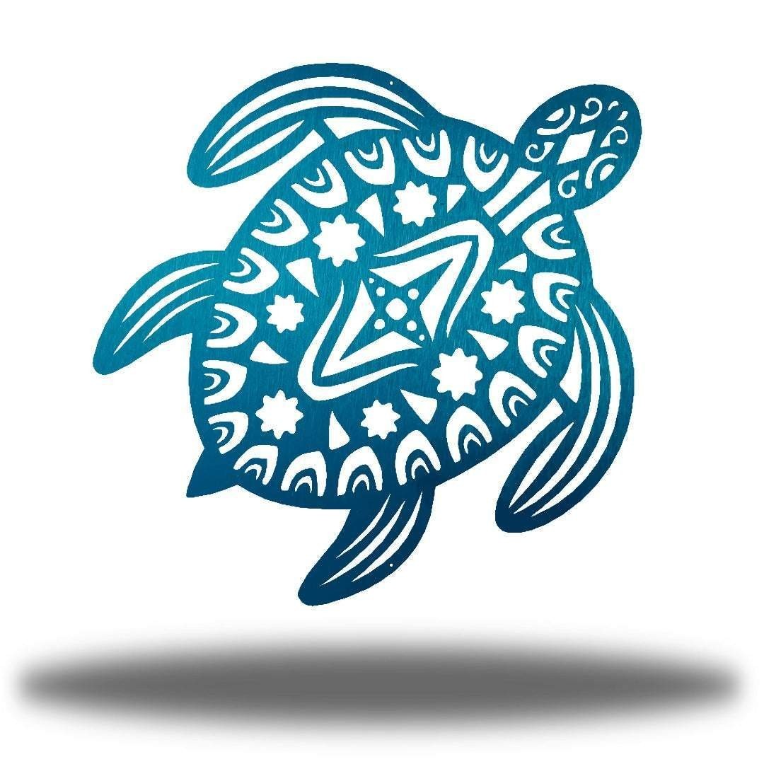 Sea Dragon Dreams blue metal sea turtle wall art with intricate cutout patterns for indoor or outdoor coastal decor.