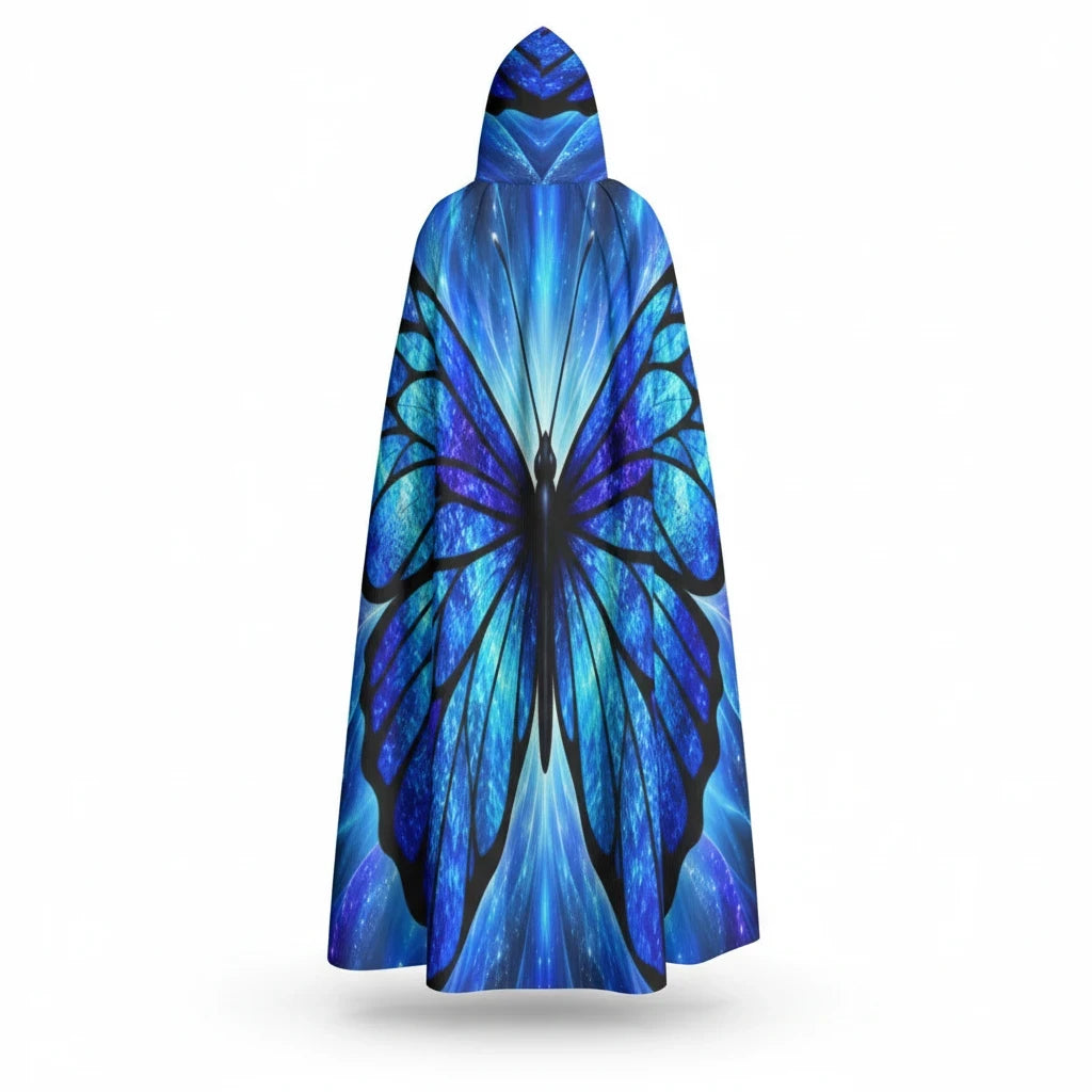 Sea Dragon Dreams unisex hooded cloak featuring a vibrant blue and black morpho butterfly wing pattern