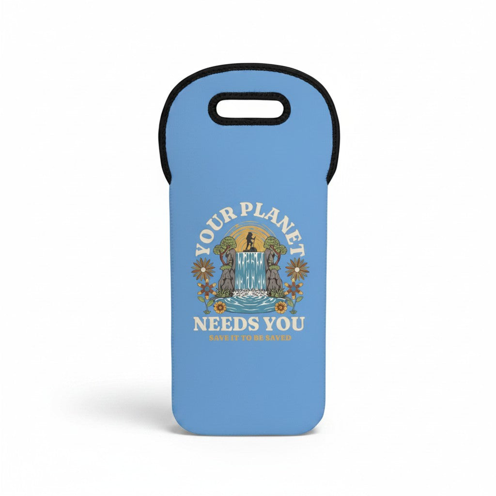 Sea Dragon Dreams blue neoprene wine tote bag featuring a Your Planet Needs You waterfall graphic and black trim.