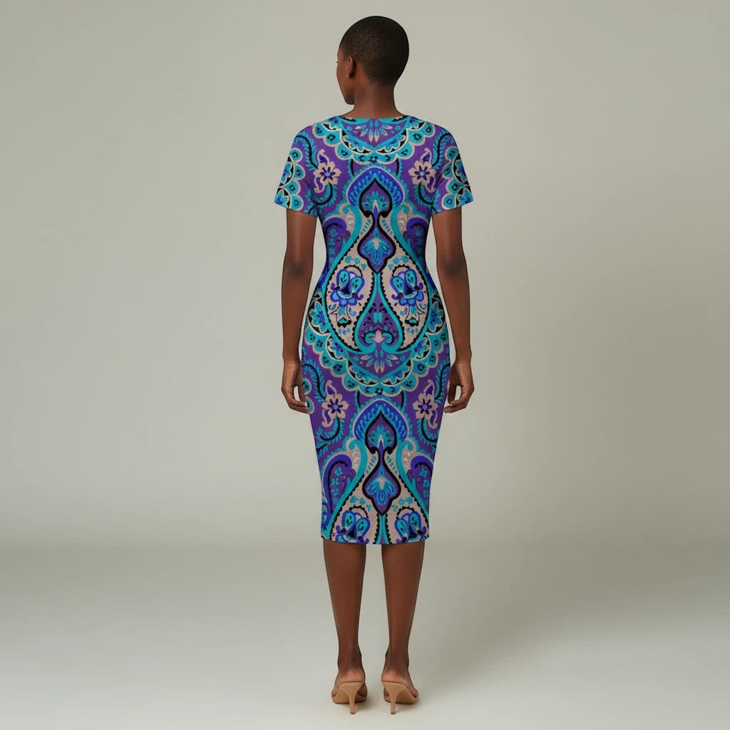 Sea Dragon Dreams blue V-neck dress with a vibrant paisley magic print and side pleats on a model, back view