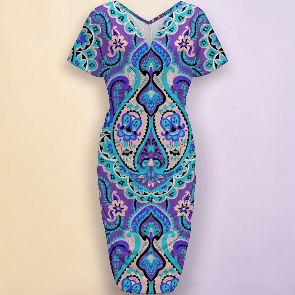 Sea Dragon Dreams blue V-neck dress with a vibrant paisley magic print and side pleated details in polyester fabric.