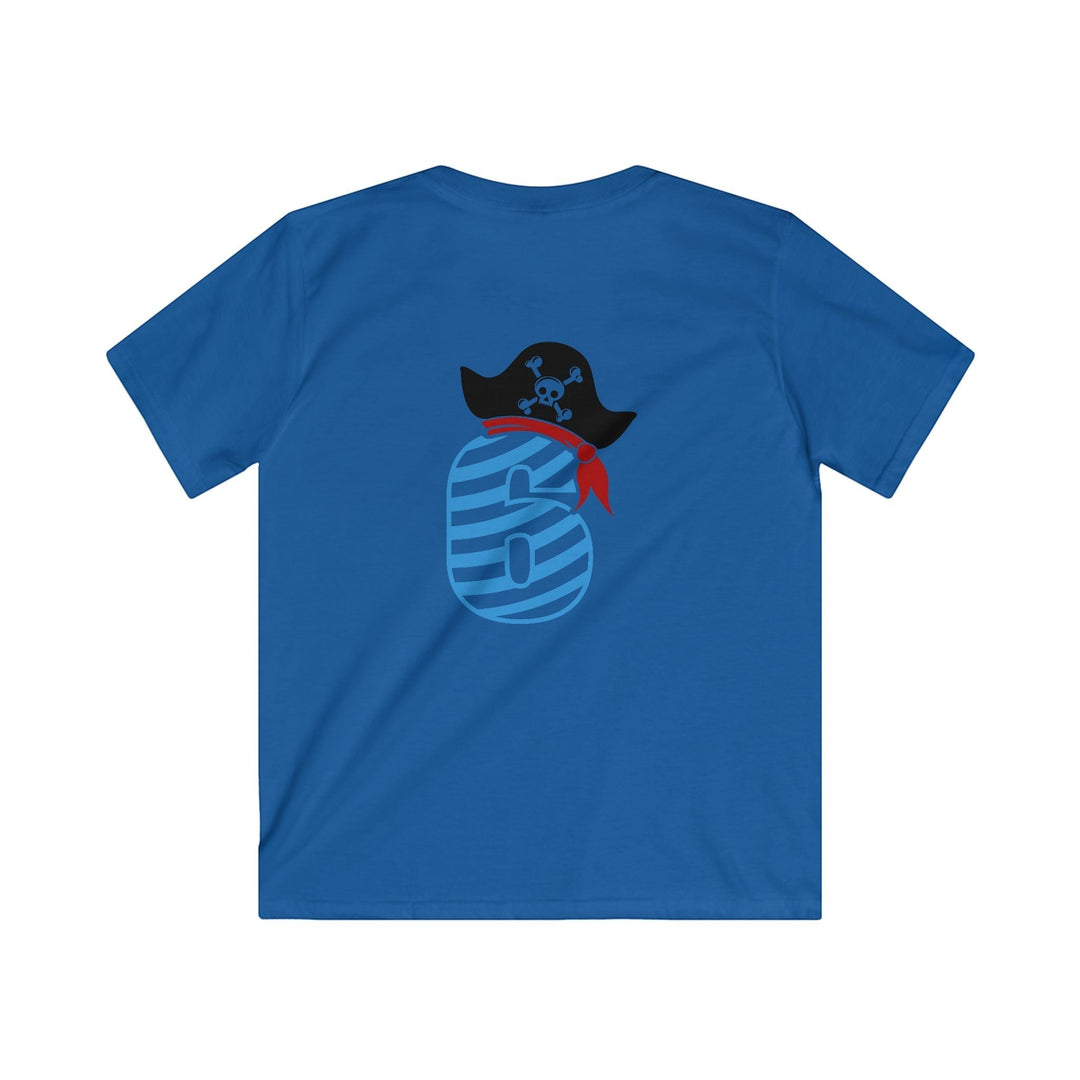 Sea Dragon Dreams blue kids t-shirt featuring a pirate-themed number six graphic with a skull and crossbones hat.