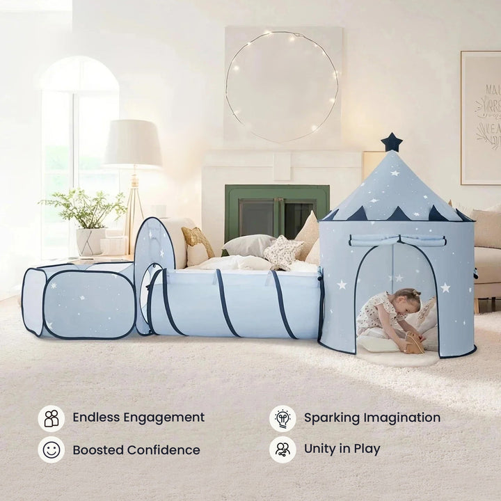 Sea Dragon Dreams 3-in-1 blue play tunnel set with star patterns, featuring a tent, tunnel, and ball pit for kids.