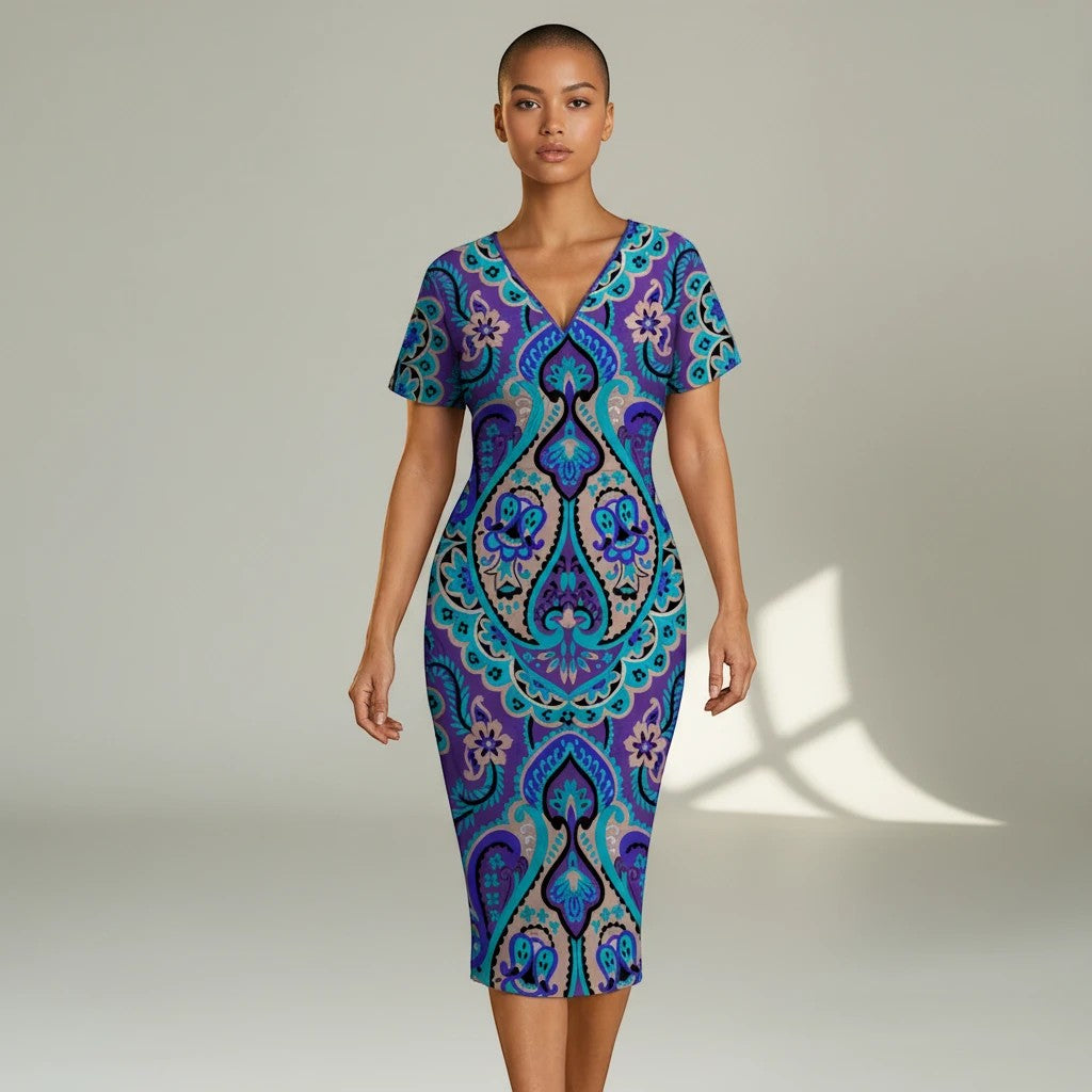 Sea Dragon Dreams blue V-neck pleated dress with intricate floral paisley print on a model in a studio setting