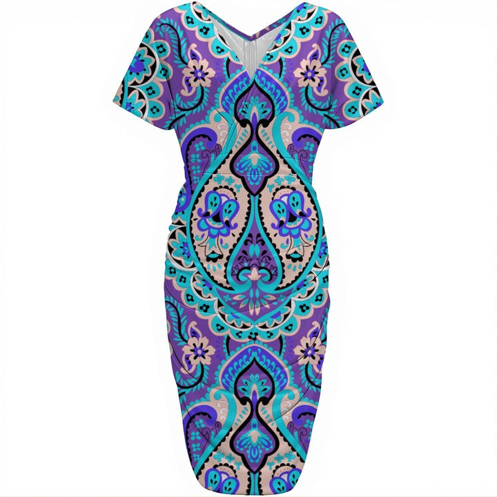 Sea Dragon Dreams blue magic print V-neck pleated dress with a vibrant paisley-inspired pattern and short sleeves.