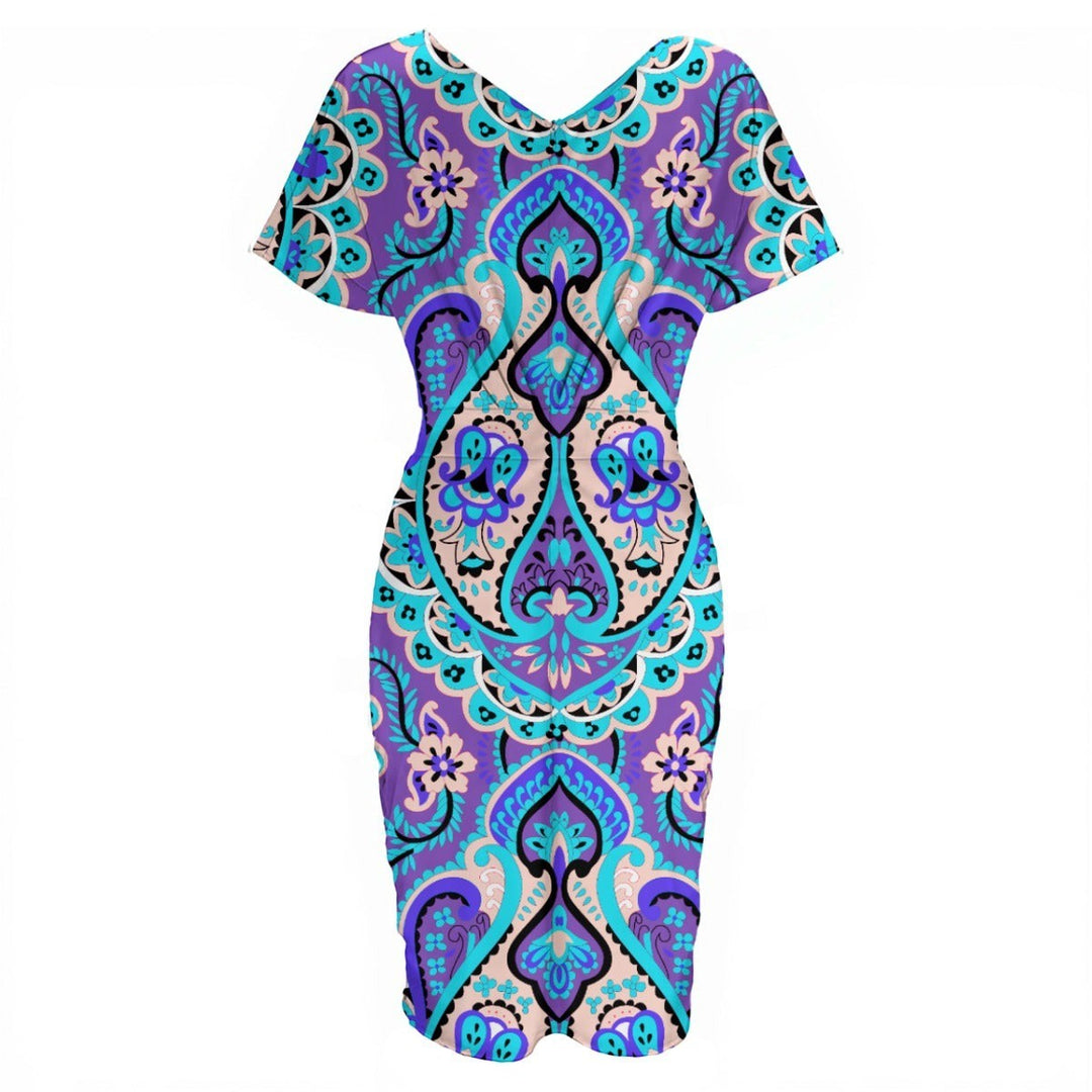 Sea Dragon Dreams blue V-neck pleated dress with intricate paisley-inspired magic print in polyester blend fabric
