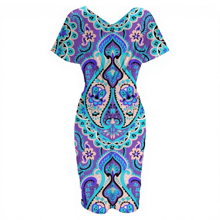 Sea Dragon Dreams blue V-neck pleated dress with intricate paisley-inspired magic print in polyester blend fabric